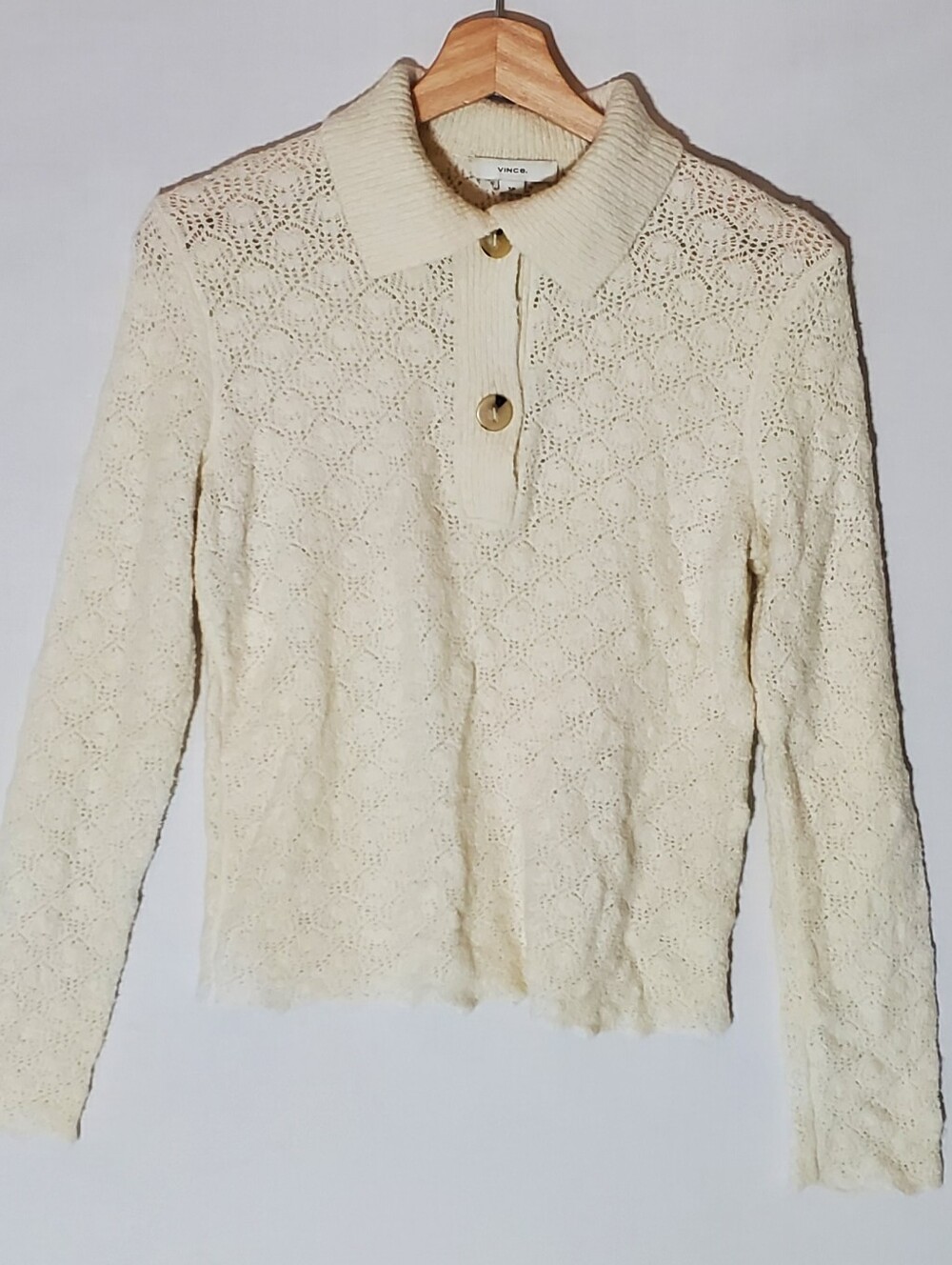 Vince Lace Open Knit Polo Button Scalloped Cottagecore Small Wool Cashmere Ivory